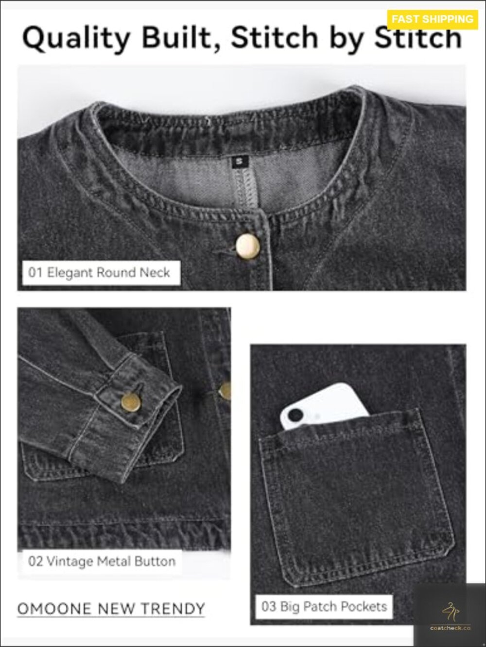 Cropped Denim Jacket with Pockets Long Sleeve Button Down Classic Western Y2K - Picture 6 of 7